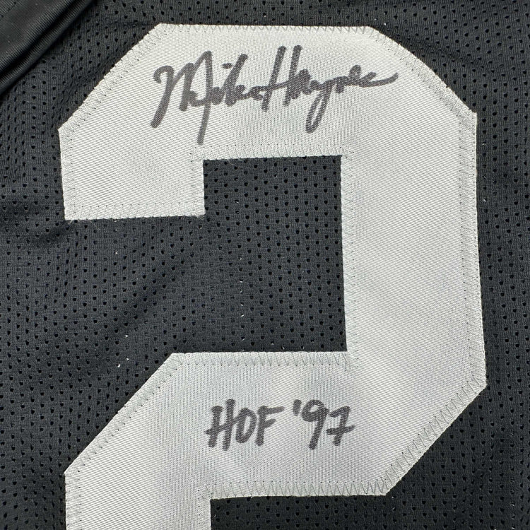 Autographed/Signed Michael Mike Haynes HOF 97 Oakland Black Football Jersey Beckett BAS COA