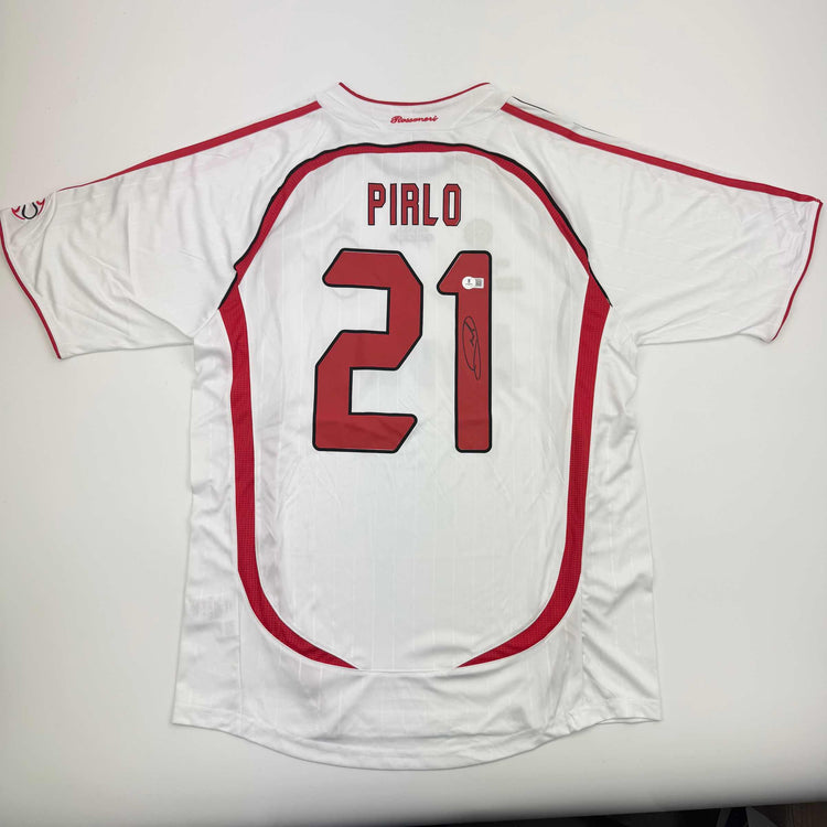 Autographed/Signed Andrea Pirlo AC Milan White Soccer Futbol Jersey Beckett BAS COA