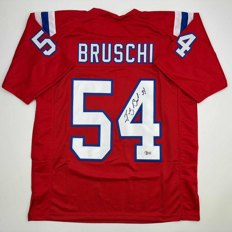 Autographed/Signed Tedy Bruschi New England Red Football Jersey Beckett BAS COA