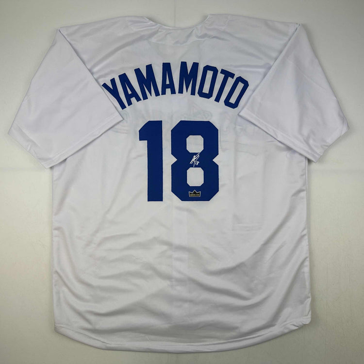 Facsimile Autographed Yoshinobu Yamamoto Los Angeles LA White Reprint Laser Auto Baseball Jersey Size Men's XL