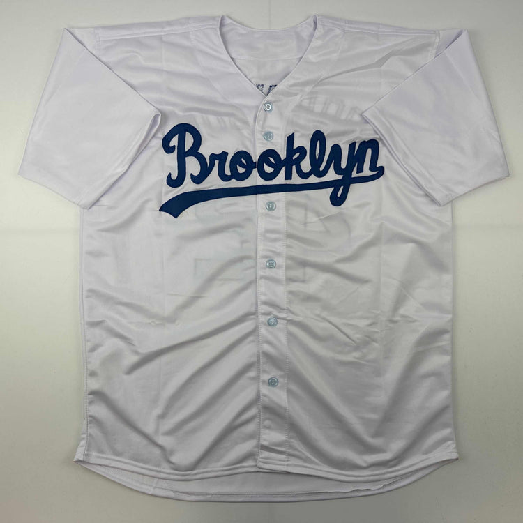 Facsimile Autographed Jackie Robinson Brooklyn Los Angeles LA White Reprint Laser Auto Baseball Jersey Size Men's XL
