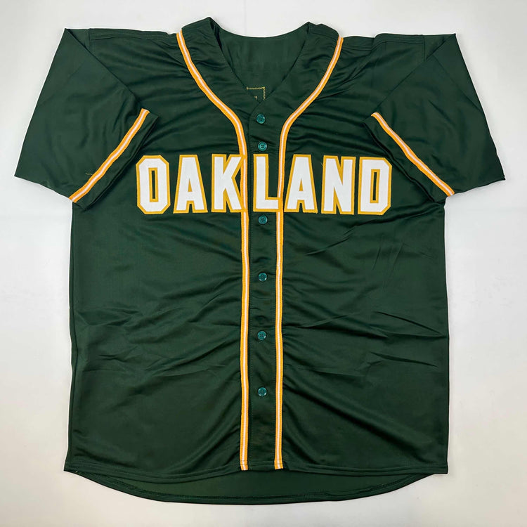 Facsimile Autographed Rickey Henderson Oakland Green Reprint Laser Auto Baseball Jersey Size Men's XL