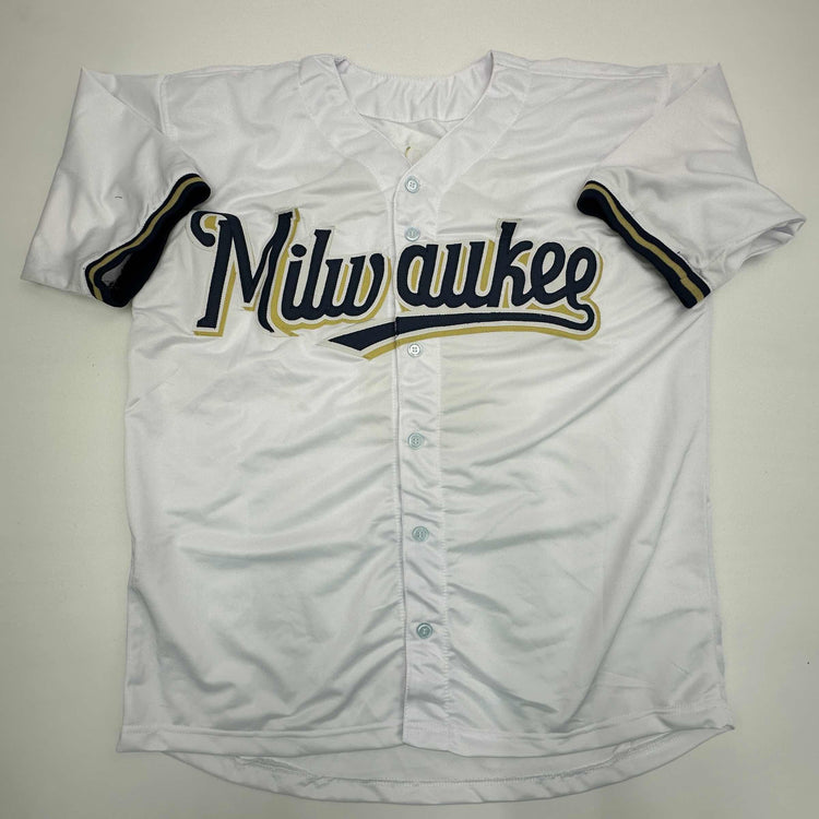 Facsimile Autographed Ryan Braun Milwaukee White Reprint Laser Auto Baseball Jersey Size Men's XL