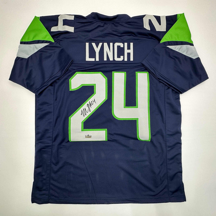 Facsimile Autographed Marshawn Lynch Seattle Blue Reprint Laser Auto Football Jersey Size Men's XL