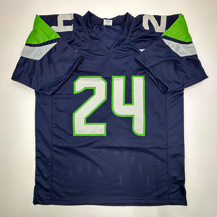 Facsimile Autographed Marshawn Lynch Seattle Blue Reprint Laser Auto Football Jersey Size Men's XL