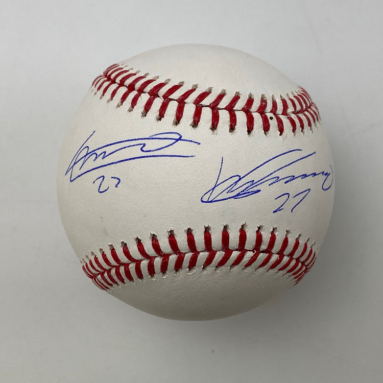 Autographed/Signed Vladimir Vlad Guerrero Jr. & Sr. Rawlings Official Major League Baseball ROML JSA COA Auto