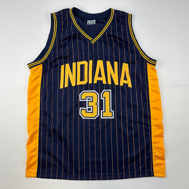 Facsimile Autographed Reggie Miller Indiana Blue Pinstripe Reprint Laser Auto Basketball Jersey Size Men's XL