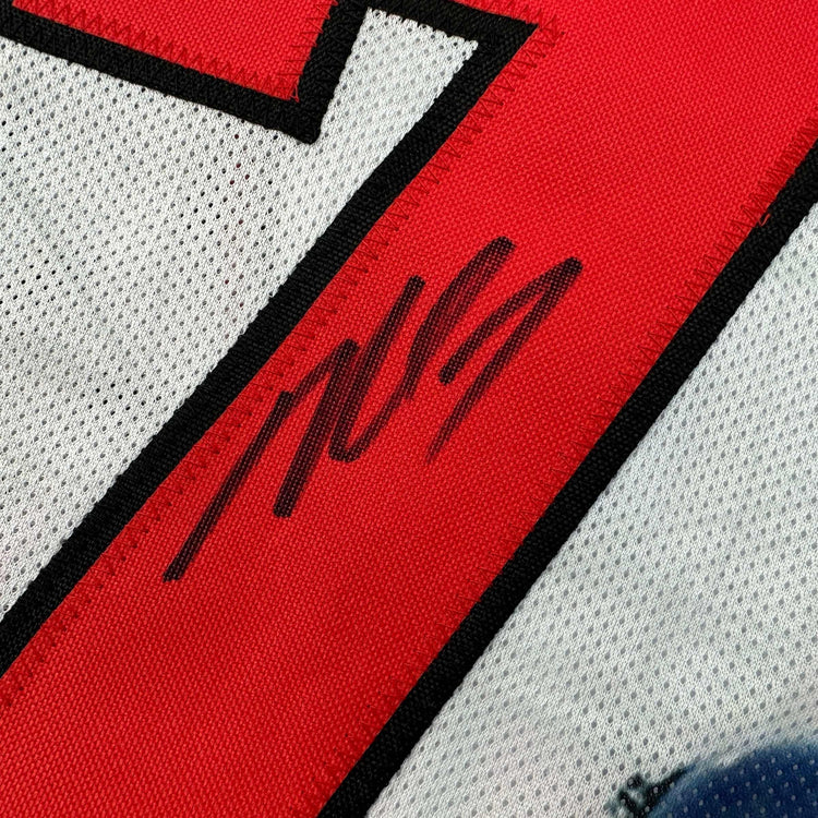 Autographed/Signed Michael Mike Vick Atlanta White Photo Artwork Football Jersey JSA COA