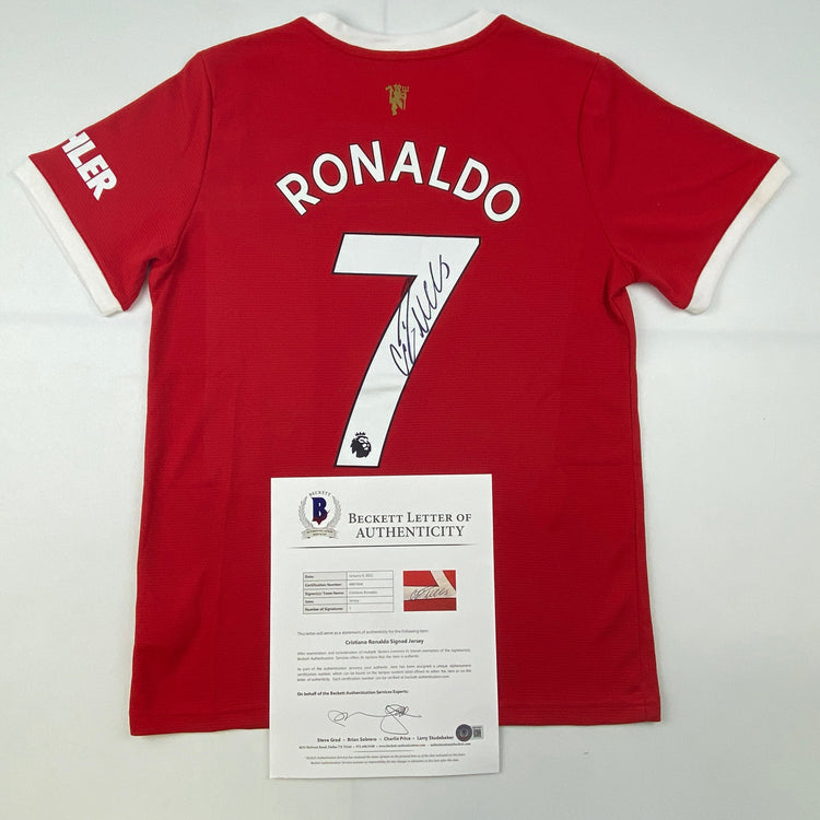 Autographed/Signed Cristiano Ronaldo Manchester United Red Current Soccer Jersey Beckett BAS COA/LOA