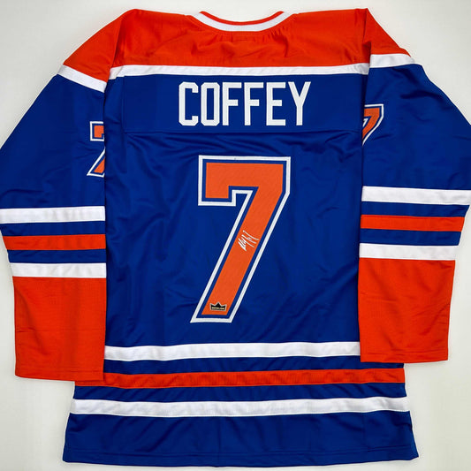 Facsimile Autographed Paul Coffey Edmonton Blue Reprint Laser Auto Hockey Jersey Size Men's XL