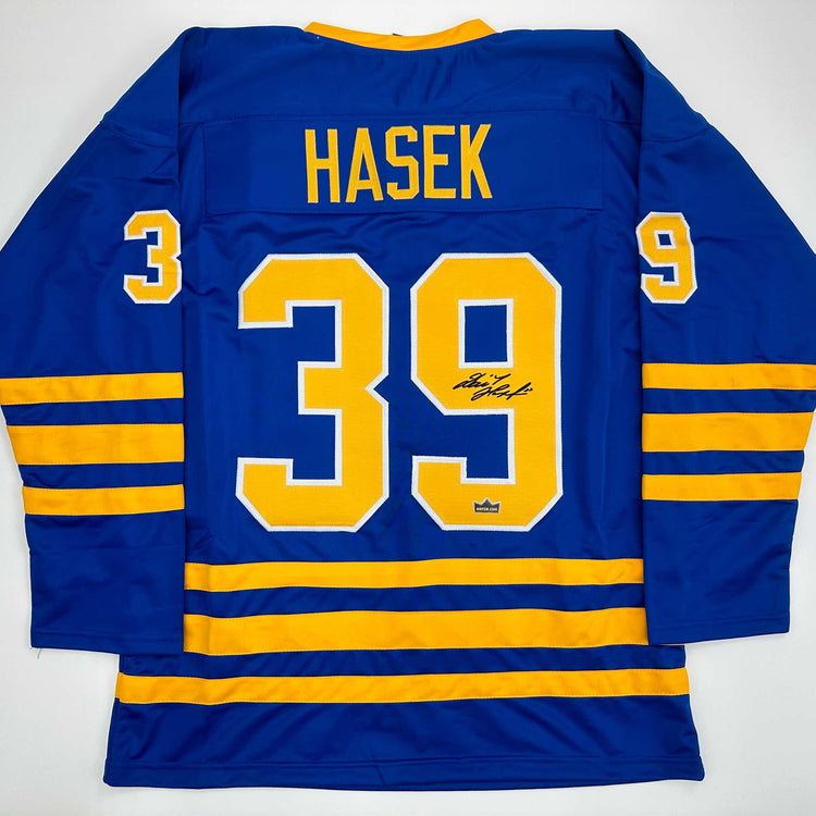 Facsimile Autographed Dominik Hasek Buffalo Blue Reprint Laser Auto Hockey Jersey Size Men's XL