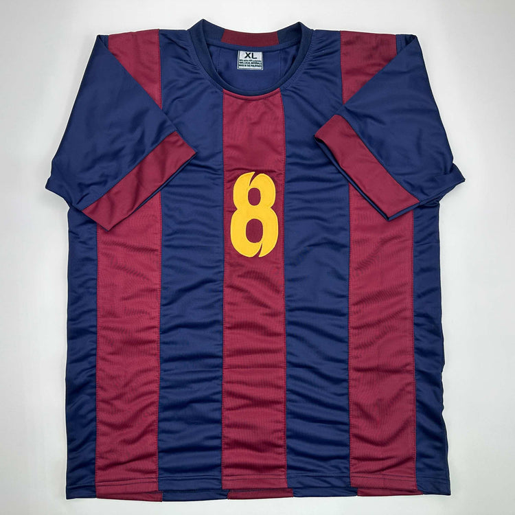 Facsimile Autographed Andres Iniesta FC Barcelona Blue/Red Reprint Laser Auto Soccer Jersey Size Men's XL