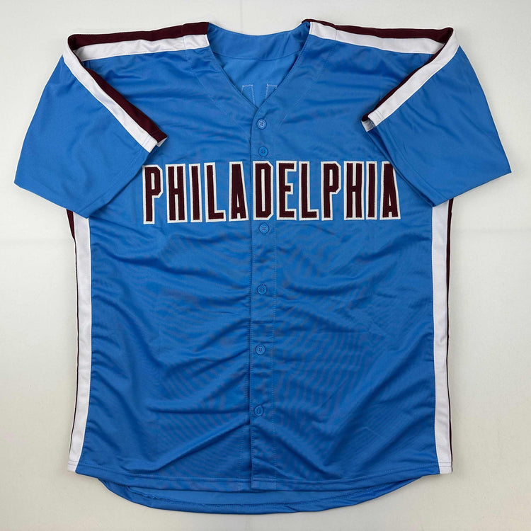 Facsimile Autographed Bryce Harper Philadelphia Blue Retro Reprint Laser Auto Baseball Jersey Size Men's XL