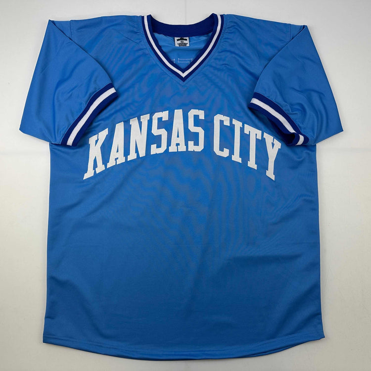 Facsimile Autographed George Brett Kansas City Blue Reprint Laser Auto Baseball Jersey Size Men's XL