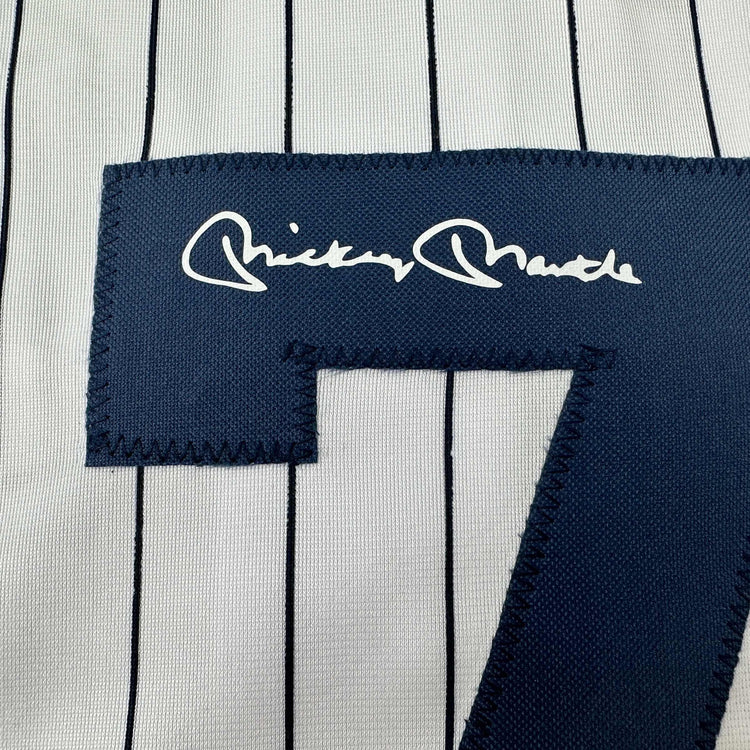 Facsimile Autographed Mickey Mantle New York Pinstripe Reprint Laser Auto Baseball Jersey Size Men's XL