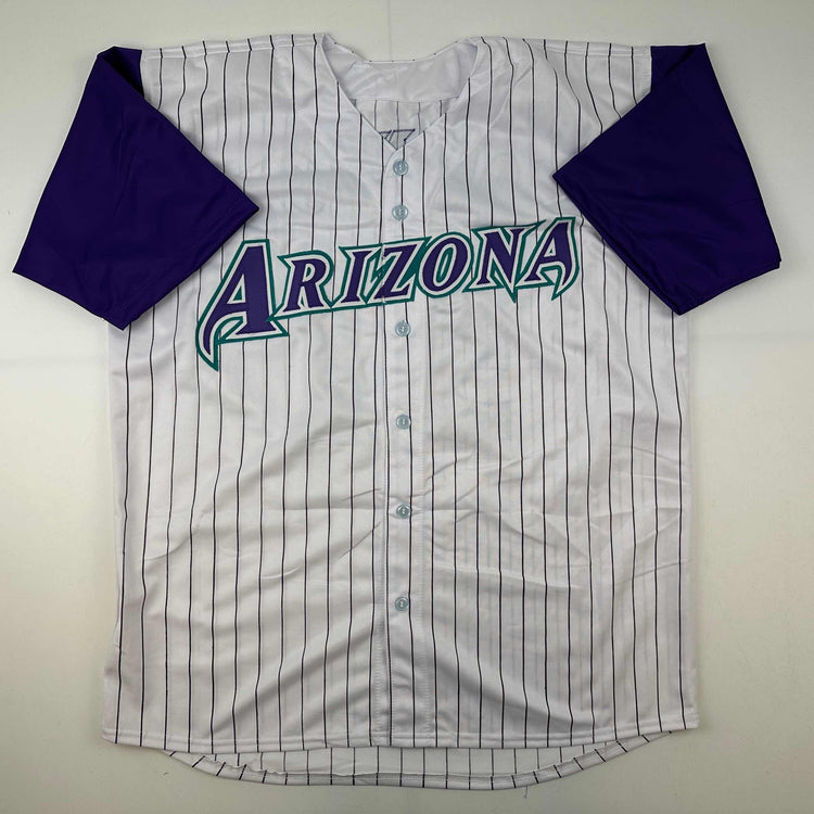 Facsimile Autographed Randy Johnson Arizona Pinstripe Reprint Laser Auto Baseball Jersey Size Men's XL