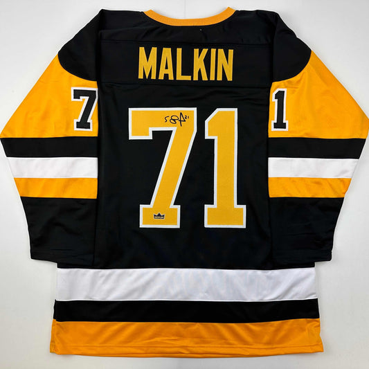 Facsimile Autographed Evgeni Malkin Pittsburgh Black Reprint Laser Auto Hockey Jersey Size Men's XL