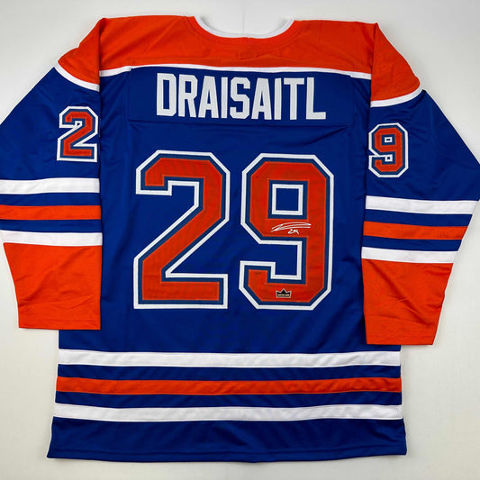 Facsimile Autographed Leon Draisaitl Edmonton Blue Reprint Laser Auto Hockey Jersey Size Men's XL