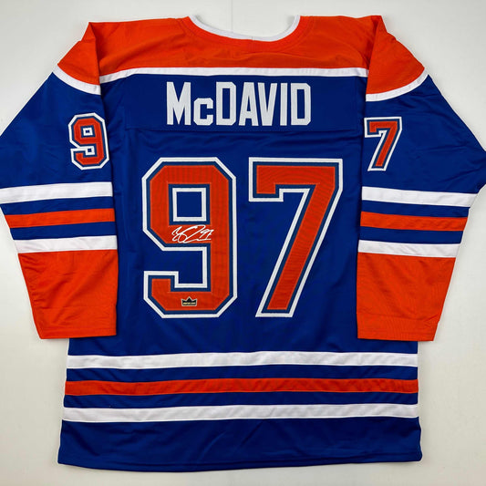 Facsimile Autographed Connor McDavid Edmonton Blue Reprint Laser Auto Hockey Jersey Size Men's XL