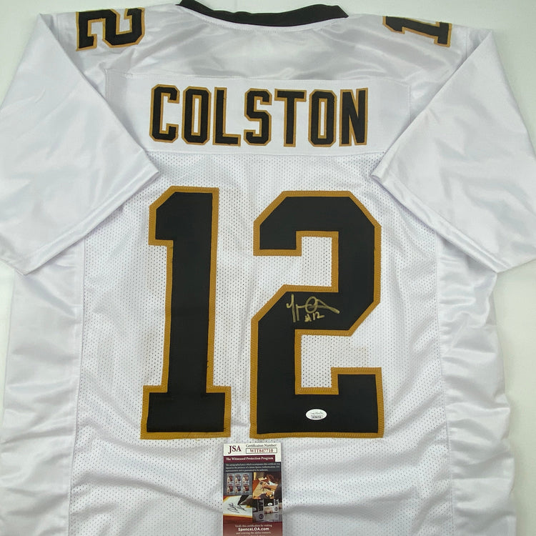 Autographed/Signed Marques Colston New Orleans White Football Jersey JSA COA