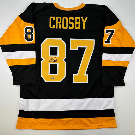 Facsimile Autographed Sidney Crosby Pittsburgh Black Reprint Laser Auto Hockey Jersey Size Men's XL