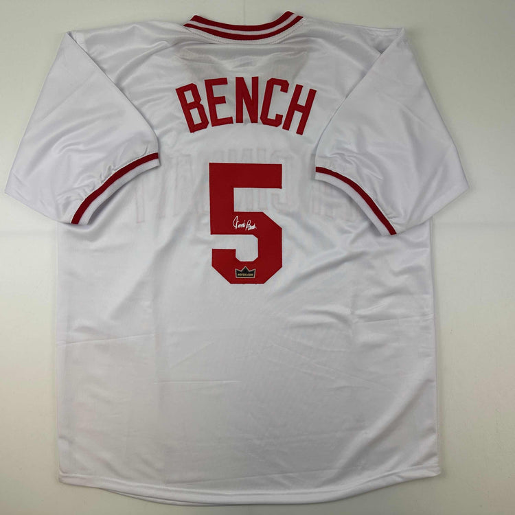 Facsimile Autographed Johnny Bench Cincinnati White Reprint Laser Auto Baseball Jersey Size Men's XL
