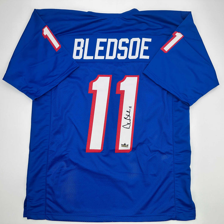 Facsimile Autographed Drew Bledsoe New England Blue Reprint Laser Auto Football Jersey Size Men's XL