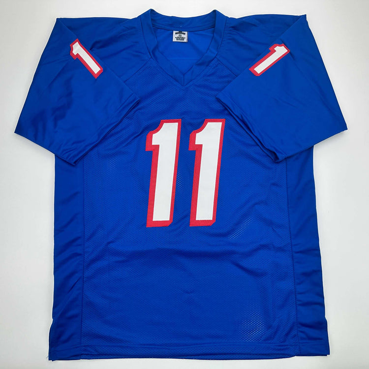 Facsimile Autographed Drew Bledsoe New England Blue Reprint Laser Auto Football Jersey Size Men's XL