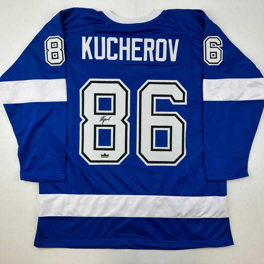 Facsimile Autographed Nikita Kucherov Tampa Bay Blue Reprint Laser Auto Hockey Jersey Size Men's XL