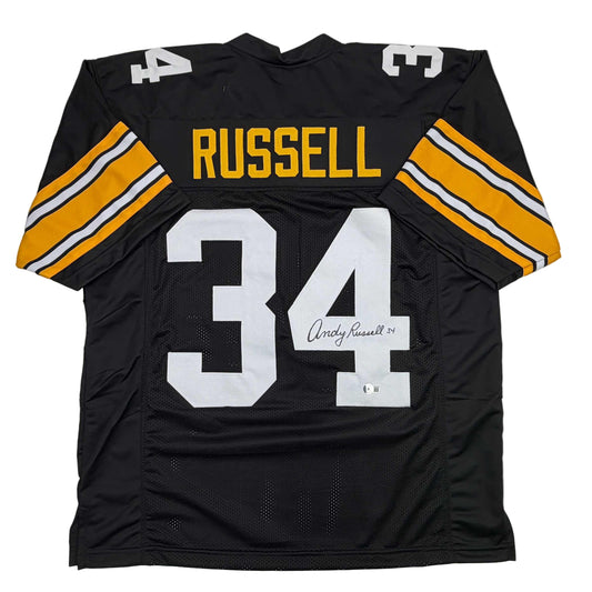 Autographed/Signed Andy Russell Pittsburgh Black Football Jersey Beckett BAS COA