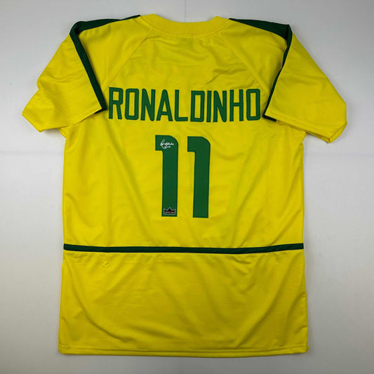 Facsimile Autographed Ronaldinho Brazil Yellow World Cup Reprint Laser Auto Soccer Jersey Size Men's XL
