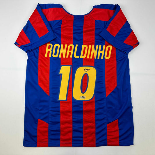 Facsimile Autographed Ronaldinho FC Barcelona Blue/Red Reprint Laser Auto Soccer Jersey Size Men's XL