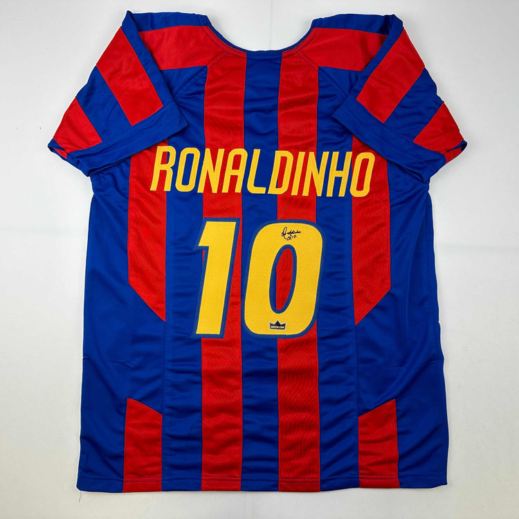 Facsimile Autographed Ronaldinho FC Barcelona Blue/Red Reprint Laser Auto Soccer Jersey Size Men's XL