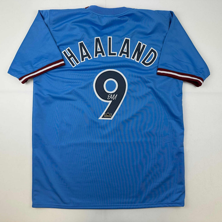 Facsimile Autographed Erling Haaland Manchester City Blue Reprint Laser Auto Soccer Jersey Size Men's XL