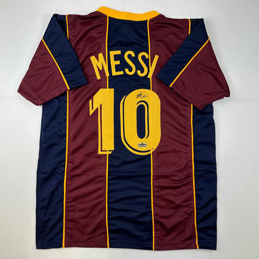 Facsimile Autographed Lionel Messi Leo FC Barcelona Blue/Red Reprint Laser Auto Soccer Jersey Size Men's XL