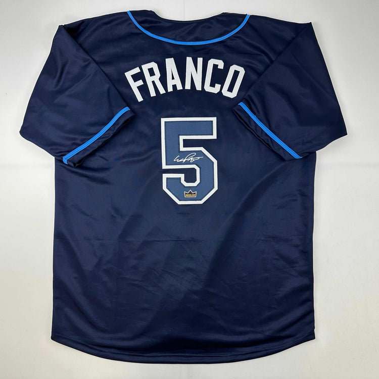 Facsimile Autographed Wander Franco Tampa Bay Navy Blue Reprint Laser Auto Baseball Jersey Size Men's XL