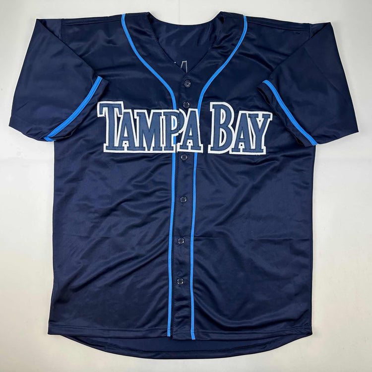 Facsimile Autographed Wander Franco Tampa Bay Navy Blue Reprint Laser Auto Baseball Jersey Size Men's XL