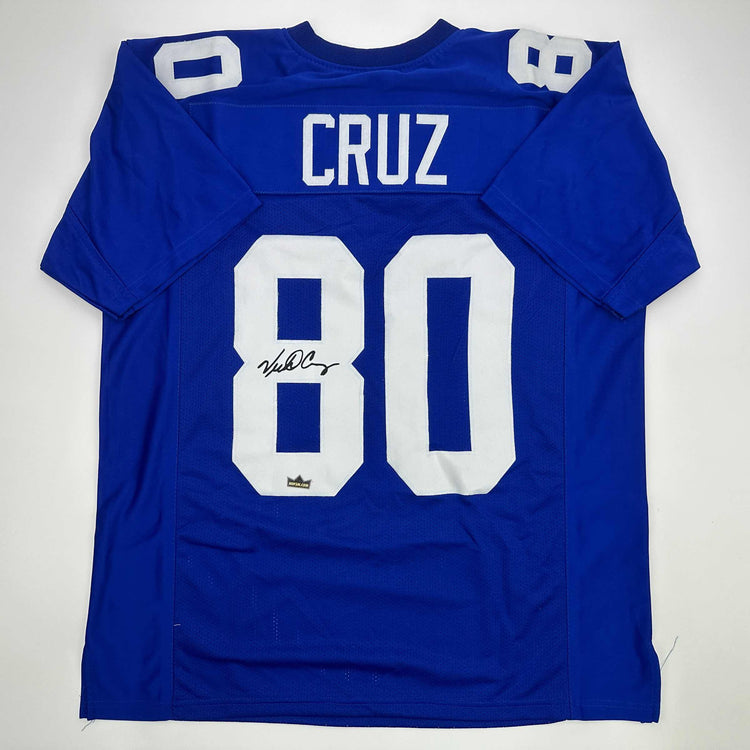 Facsimile Autographed Victor Cruz New York Blue Reprint Laser Auto Football Jersey Size Men's XL