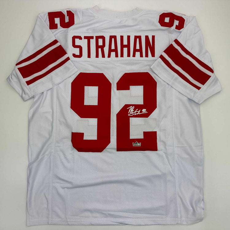 Facsimile Autographed Michael Strahan New York White Reprint Laser Auto Football Jersey Size Men's XL