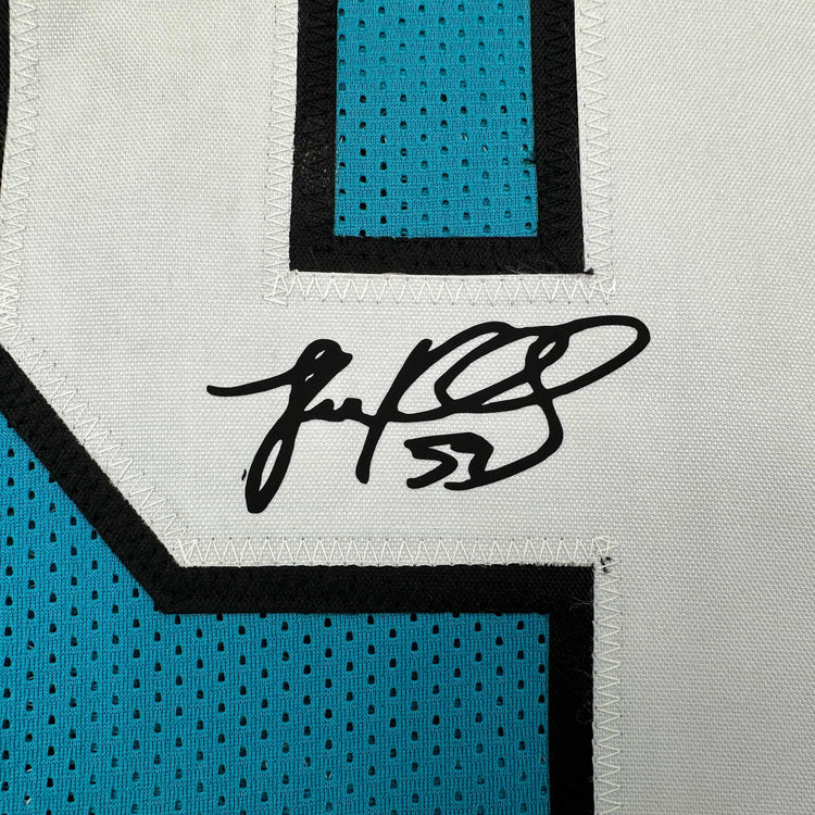Framed Facsimile Autographed Luke Kuechly 35x39 Carolina Blue Reprint Laser Auto Football Jersey
