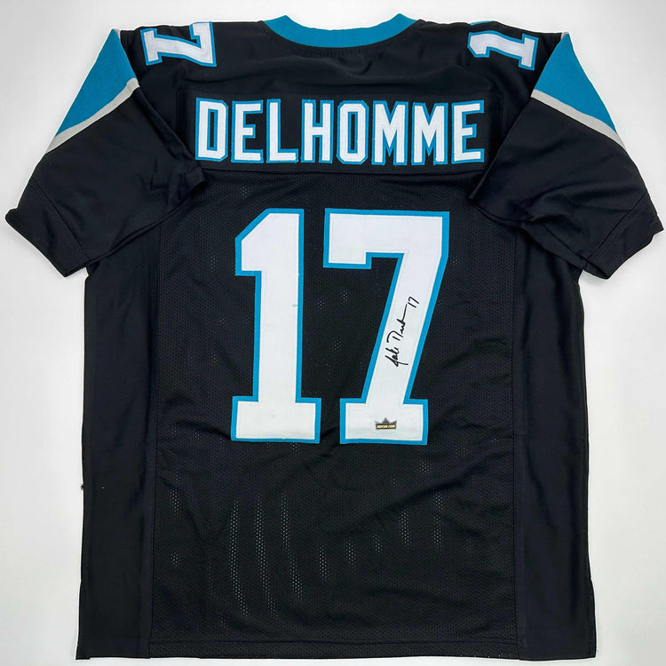 Facsimile Autographed Jake Delhomme Carolina Black Reprint Laser Auto Football Jersey Size Men's XL