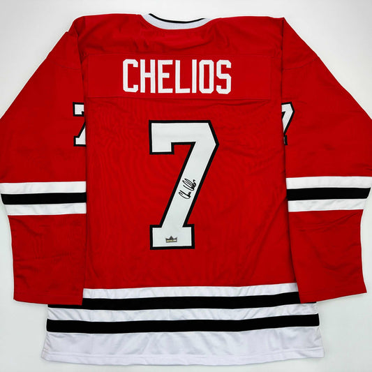 Facsimile Autographed Chris Chelios Chicago Red Reprint Laser Auto Hockey Jersey Size Men's XL
