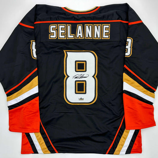 Facsimile Autographed Teemu Selanne Anaheim Black Reprint Laser Auto Hockey Jersey Size Men's XL