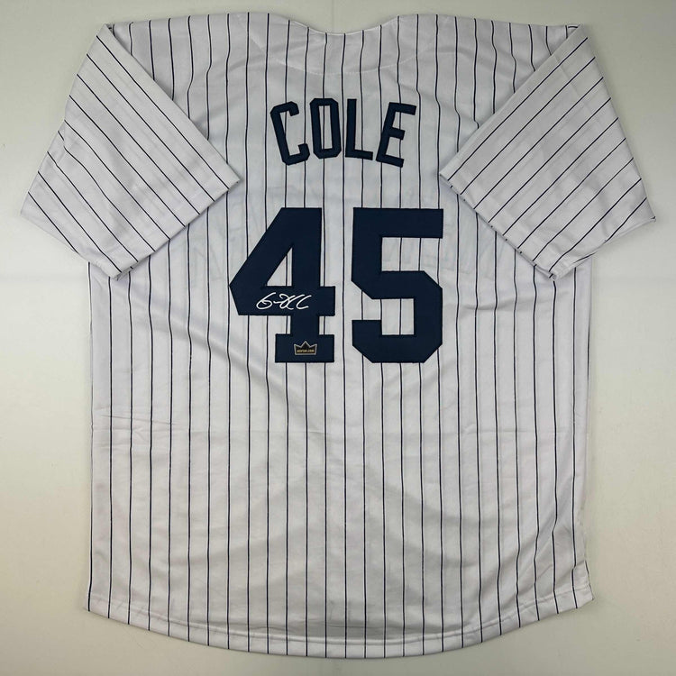 Facsimile Autographed Gerrit Cole New York Pinstripe Reprint Laser Auto Baseball Jersey Size Men's XL