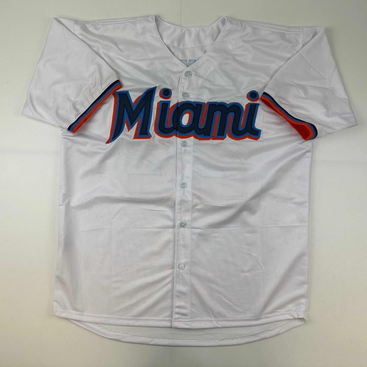 Facsimile Autographed Sandy Alcantara Miami White Reprint Laser Auto Baseball Jersey Size Men's XL