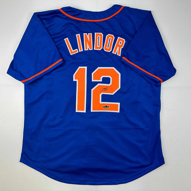 Facsimile Autographed Francisco Lindor New York Blue Reprint Laser Auto Baseball Jersey Size Men's XL