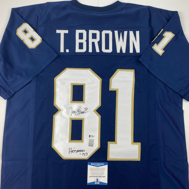 Autographed/Signed Tim Brown Heisman 87 Notre Dame Blue College Football Jersey Beckett BAS COA