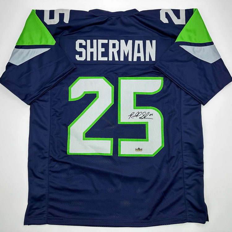 Facsimile Autographed Richard Sherman Seattle Blue Reprint Laser Auto Football Jersey Size Men's XL