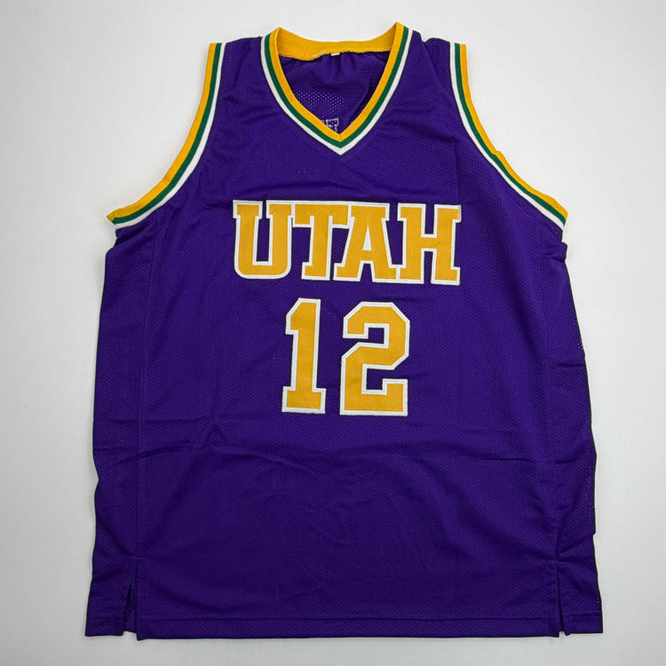 Autographed/Signed John Stockton Utah Purple Basketball Jersey Beckett BAS COA