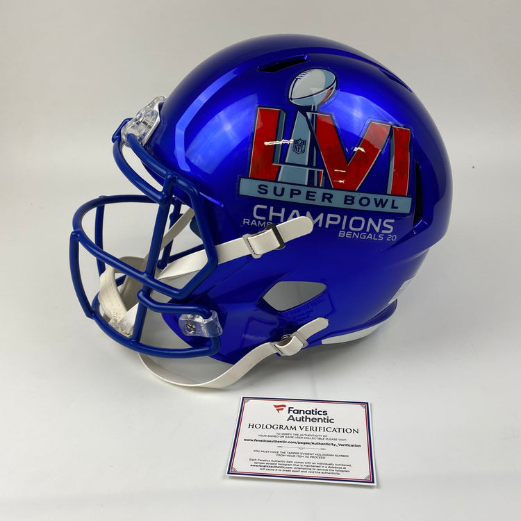 Autographed/Signed Cooper Kupp Super Bowl LVI Champions Los Angeles Rams Full Size FS F/S Replica Football Helmet Fanatics COA